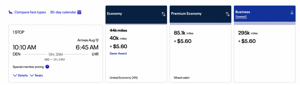 Screenshot of United flights